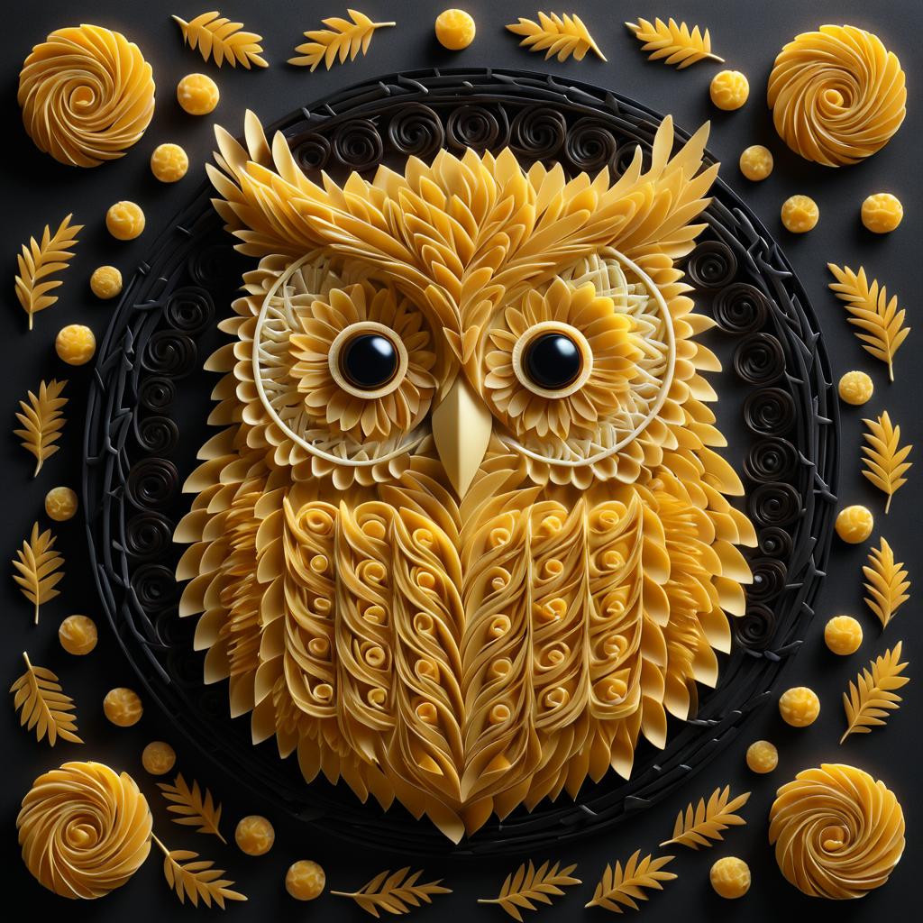 Intricate Owl Sculpture Made of Fusilli Pasta