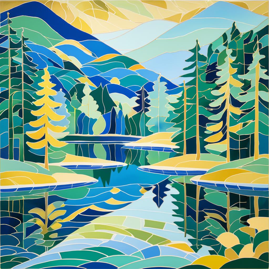 Vibrant Matisse-Inspired Mountain Lake Scene