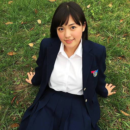 Photograph of an Asian woman with black hair, wearing a navy school uniform with white shirt and pleated skirt, sitting on green grass. She smiles
