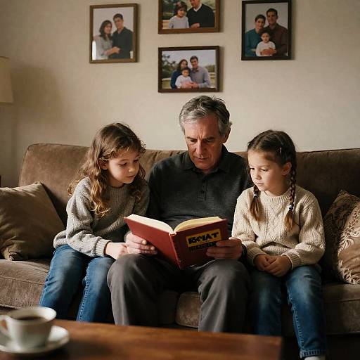 Photograph of an older man with gray hair sitting on a brown couch, reading a book to two young girls with braided hair, in a cozy