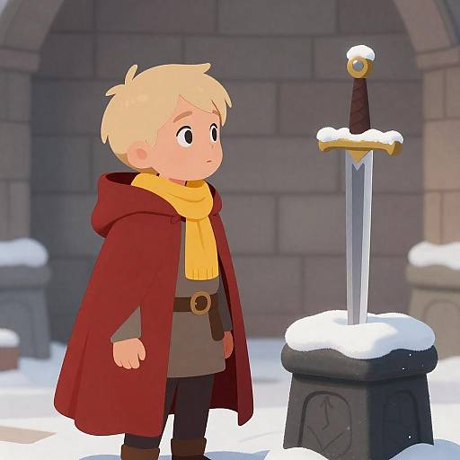 Curious Boy with Snowy Sword Illustration