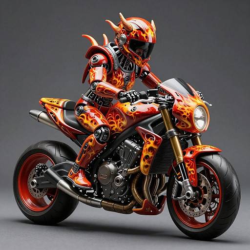 Digital artwork of a fire-themed motorcyclist in vibrant orange and red flames, riding a matching custom motorcycle with black and silver accents.