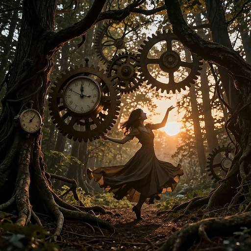 Woman Dancing with Giant Clock Gears in Surreal Forest