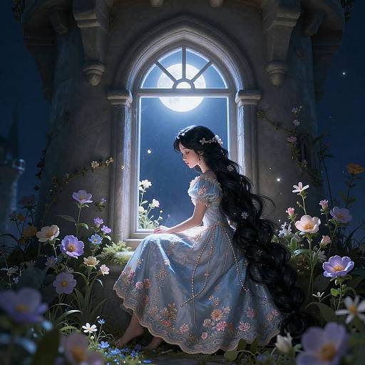 Digital painting of a long-haired woman in a floral dress, sitting by a moonlit, arched window, surrounded by blooming flowers.