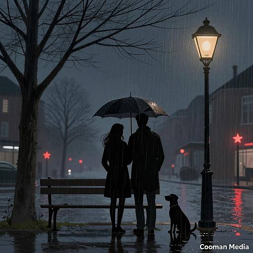 Silhouetted couple with dog on rainy night