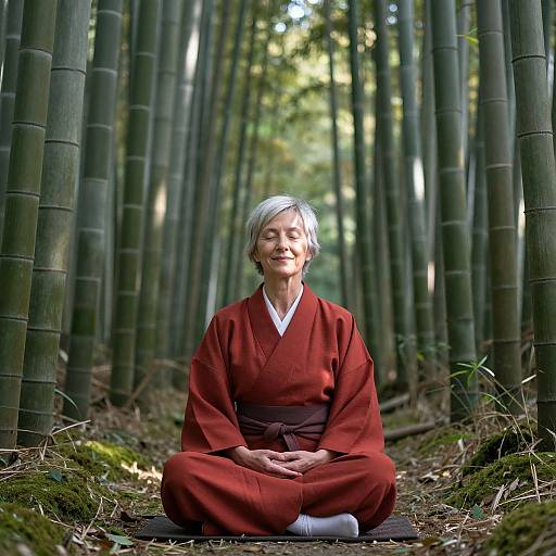 Photograph of a smiling elderly woman with short gray hair, wearing a red kimono, sitting cross-legged in a bamboo forest.