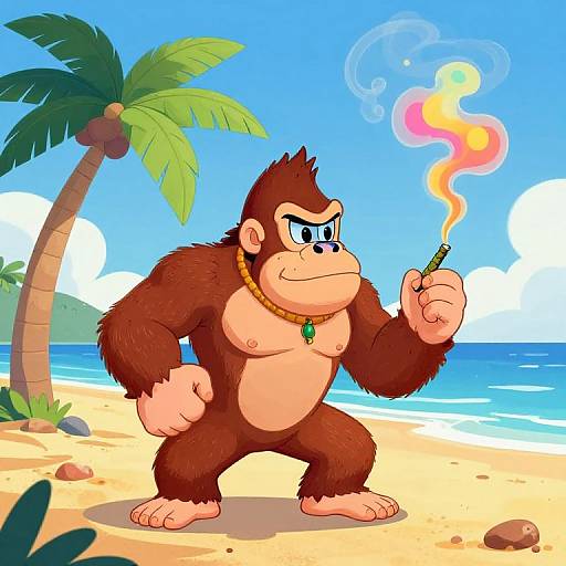 Cartoon-style drawing of a muscular, brown-furred, angry-looking gorilla with a green necklace, holding a flaming torch on a sunny beach with