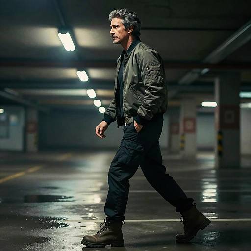 Photograph of a middle-aged man with short, graying hair, wearing a green jacket, black pants, and boots, walking in a dimly