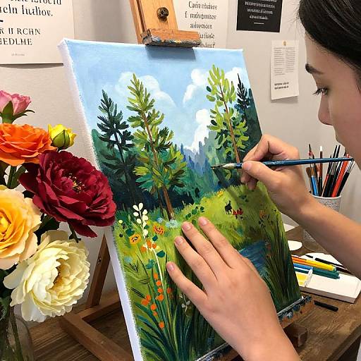 Photograph of a woman painting a vibrant, detailed nature scene with colorful flowers on her left, in a well-lit studio.