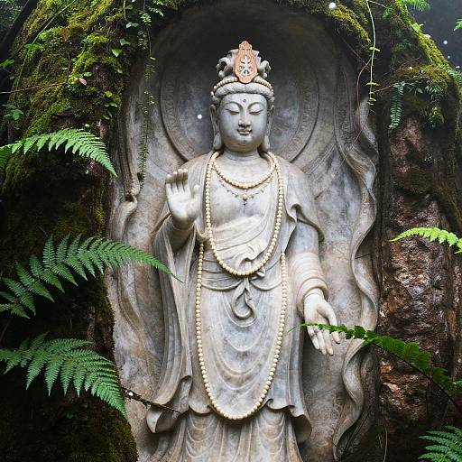 Photograph of a serene stone Buddha statue with ornate headpiece, adorned with bead necklaces, surrounded by lush green ferns and moss.