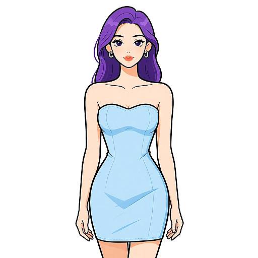 Digital anime-style illustration of a fair-skinned woman with long purple hair, wearing a strapless light blue dress and small earrings, standing against a plain