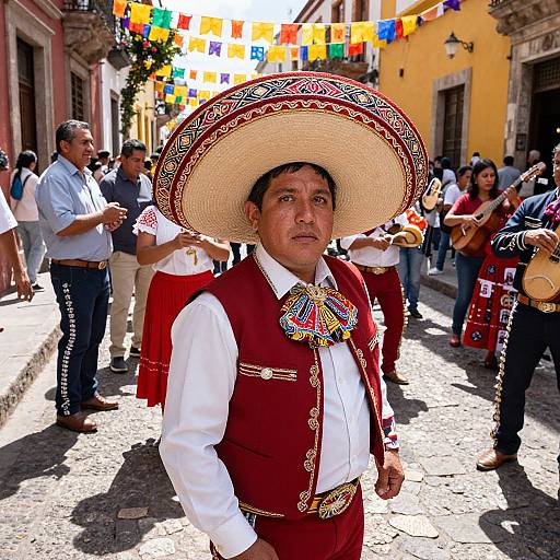 Photograph of a man in a traditional Mexican mariachi outfit with a large, ornate sombrero, red vest, and white shirt, standing in