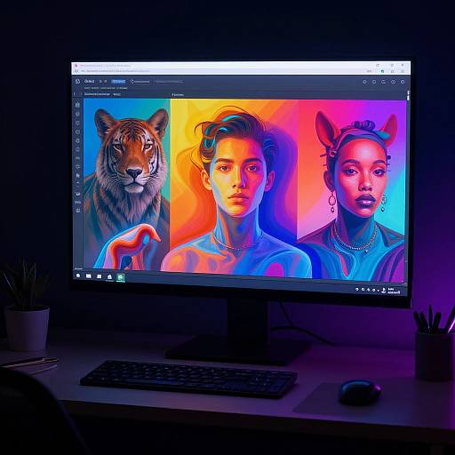 Photograph of a computer screen displaying a digital artwork with vibrant neon colors, featuring a tiger, a woman, and a person with fox ears. Dark