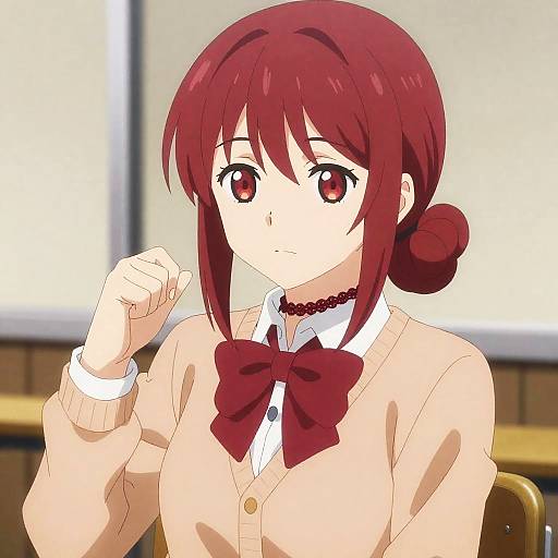 Crimson-Eyed Schoolgirl with Side Ponytail