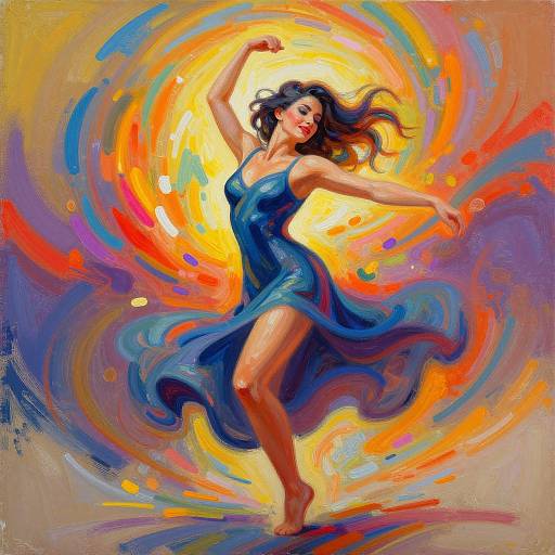 Vibrant digital painting of a dancing woman in a flowing blue dress, surrounded by swirling, colorful light against a dynamic, abstract background.