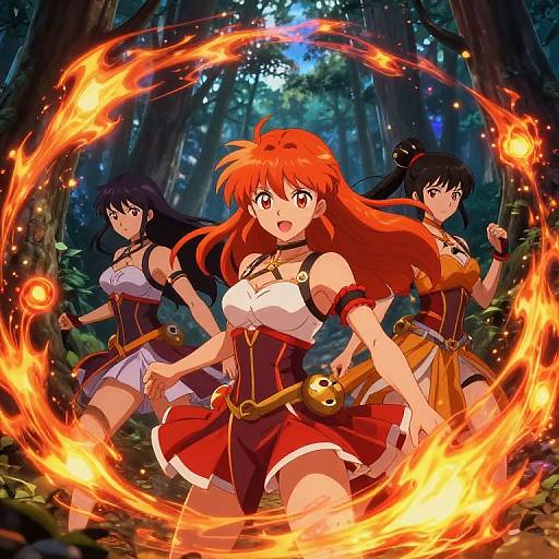 Anime-style digital illustration of three fiery, red-haired, battle-ready women in forest, casting magic circles of flame, wearing red and white outfits.