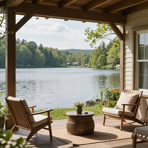 Photograph of a wooden porch overlooking a calm lake with dense greenery, featuring two beige cushioned chairs, a wicker coffee table, and p