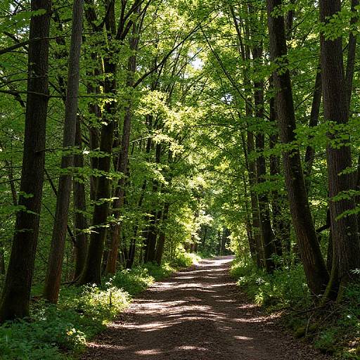 Sunlit forest path: Bright green leaves filter sunlight onto a dirt trail, surrounded by tall, dark trees and lush green undergrowth. Photorealistic