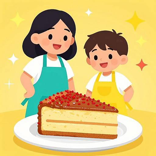 Cartoon illustration of a smiling woman and child in blue and yellow aprons, standing next to a red-topped, layered cake on a white plate