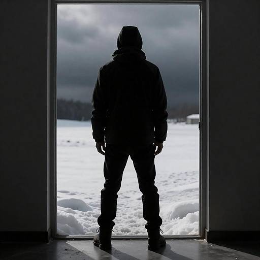 Backlit Hooded Figure in Snowy Doorway