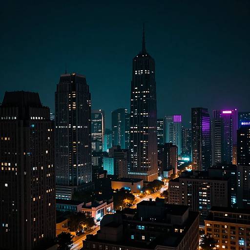 Nighttime cityscape photograph of a modern skyscraper-laden skyline with dark blue sky, illuminated buildings, neon lights, and glowing streetlights.