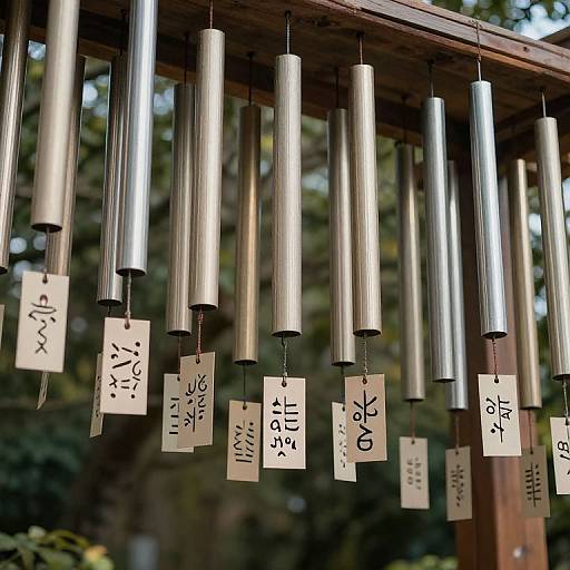Photograph of vertical, silver cylindrical objects hanging from wooden beams, each with a small white tag bearing Japanese characters. Background is a blurred, sunlit