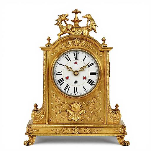 Ornate gold clock with intricate carvings, black Roman numerals, white dial, and decorative crown atop, set against a white background.