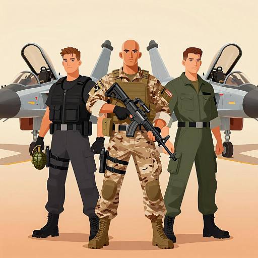 Soldiers with Military Jets in Illustration