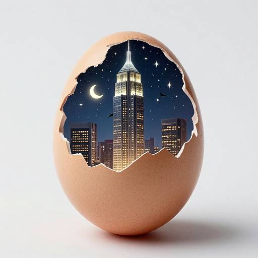 Photograph of a cracked eggshell revealing a nighttime cityscape with the Empire State Building, stars, moon, and skyscrapers.