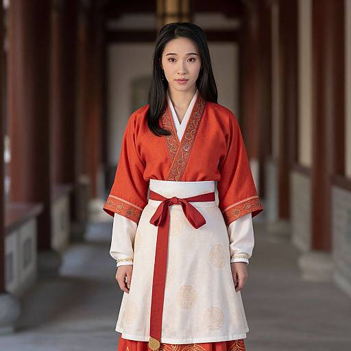 Photograph of an Asian woman with straight black hair, wearing a red and white traditional Korean hanbok with red embroidery, standing in a wooden hallway