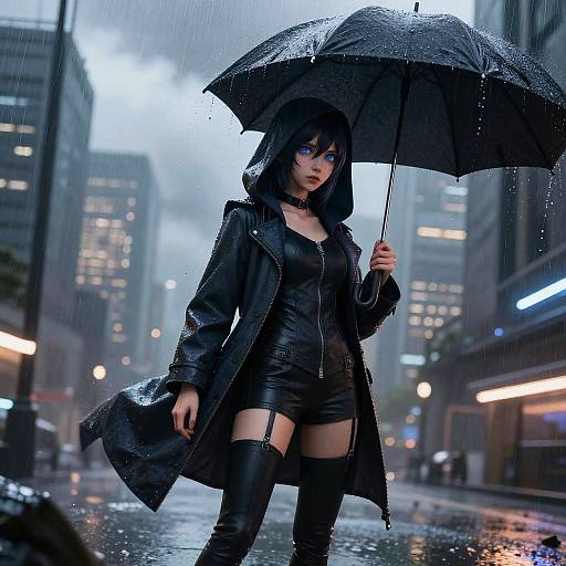 Rain-Soaked Hooded Woman in Cyberpunk City