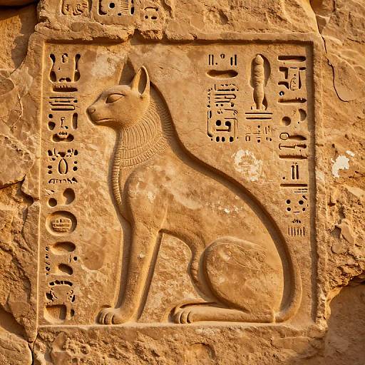 Ancient Egyptian stone carving of a seated Anubis with hieroglyphs, featuring detailed collar and seated posture, set in a sunlit,