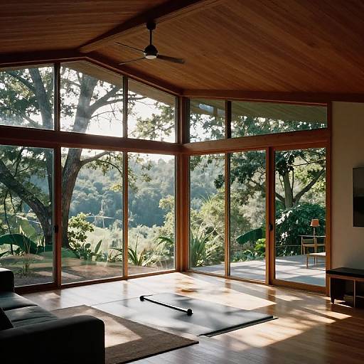 Photograph of a sunlit, modern living room with large wooden-framed glass walls, showcasing a lush, tree-filled outdoor garden. Ceiling fan,
