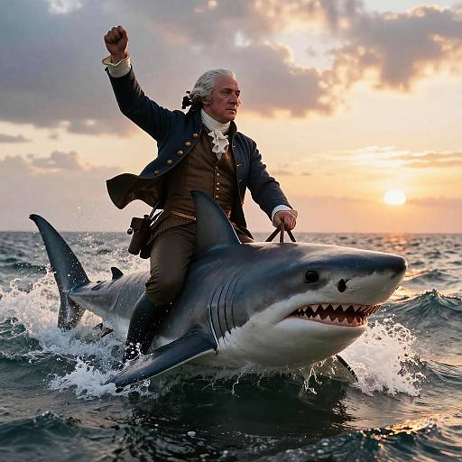 George Washington Riding Shark at Sunset
