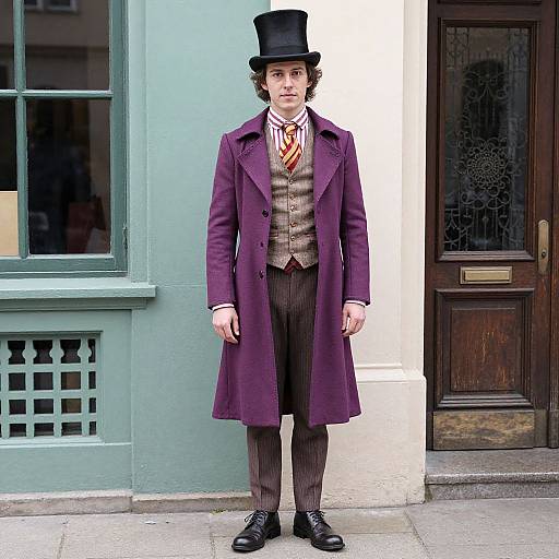 Photograph of a young man in Victorian attire, wearing a black top hat, purple overcoat, brown vest, striped tie, and pinstripe