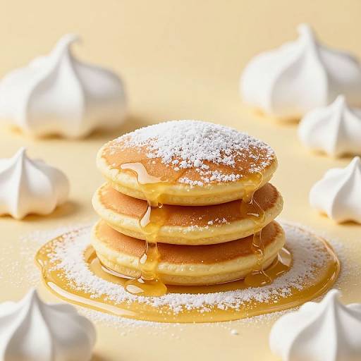 Photograph of a stack of golden-brown pancakes with syrup dripping, dusted with powdered sugar, surrounded by white whipped cream peaks.