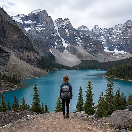 Photograph of a person with brown hair and a gray backpack standing on a rocky ledge, facing a turquoise lake and snow-capped mountains in a forest