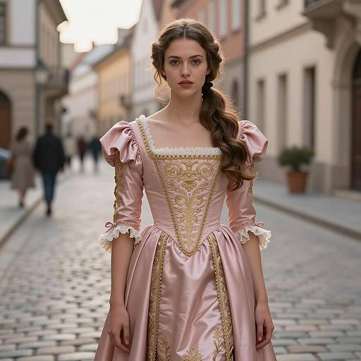 Woman in Renaissance-style Dress on Cobblestone Street