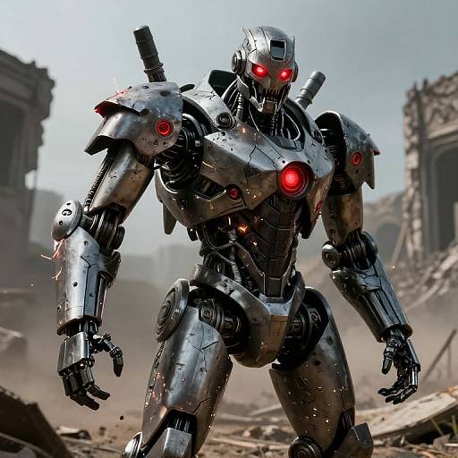 Angry Robot Defender in Dystopian Wasteland