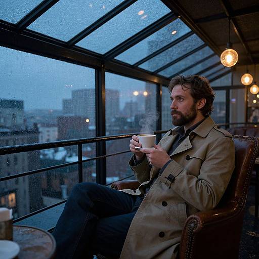 Photograph of a bearded man with curly brown hair, wearing a beige coat, holding a steaming cup, seated in a rain-speckled
