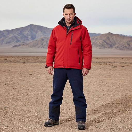 Photograph of a serious, bearded man in a red jacket and black pants standing in a barren, mountainous desert landscape.