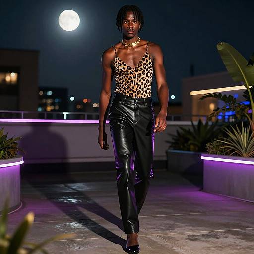 Photograph of a muscular Black man with dreadlocks, wearing a leopard-print tank top and black leather pants, walking a rooftop runway at night with moon