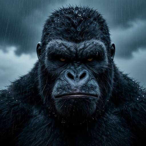 Digital artwork of a fierce, rain-soaked gorilla with intense orange eyes, dark fur, and a somber expression against a stormy blue-gray