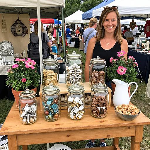 Photograph of smiling woman in black tank top at outdoor market, standing beside wooden table with jars of assorted nuts and potted pink flowers. White tents