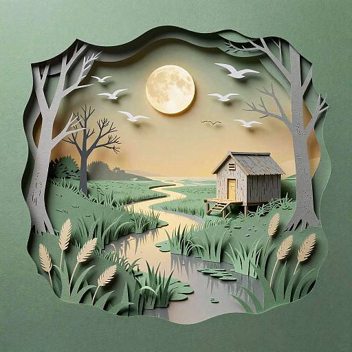 Stylized Paper Cut Coastal Marshland