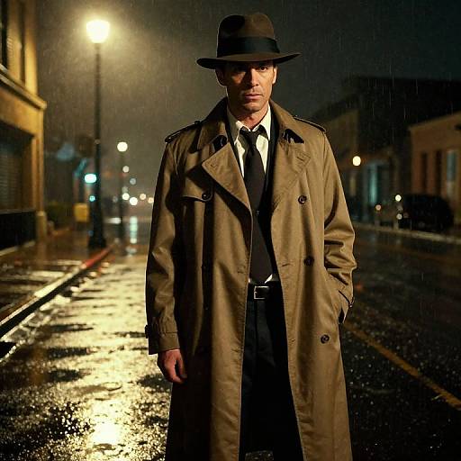 Photograph of a serious man in a brown trench coat, black tie, and hat, standing on a rainy, foggy, illuminated street at night