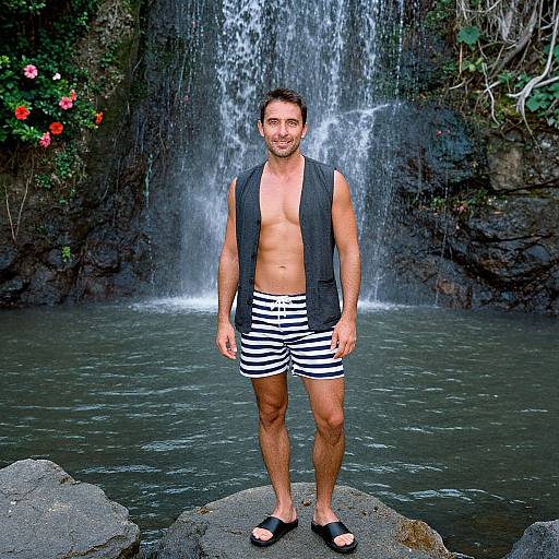 Photograph of a smiling, shirtless man with short brown hair, wearing black vest, black-and-white striped shorts, and sandals, standing in front