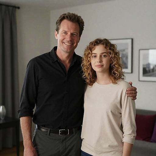 Middle-aged man and young woman posing indoors