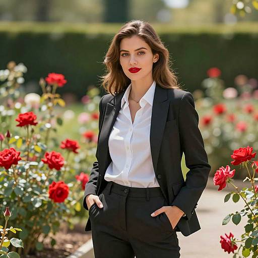 Confident Businesswoman in a Floral Garden
