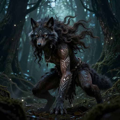 Digital fantasy artwork of a fierce, glowing-eyed, black-furred wolf with intricate white tribal markings, standing in a mystical, dark forest.